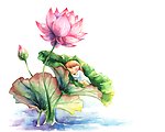 卡通小女孩 荷花 荷叶