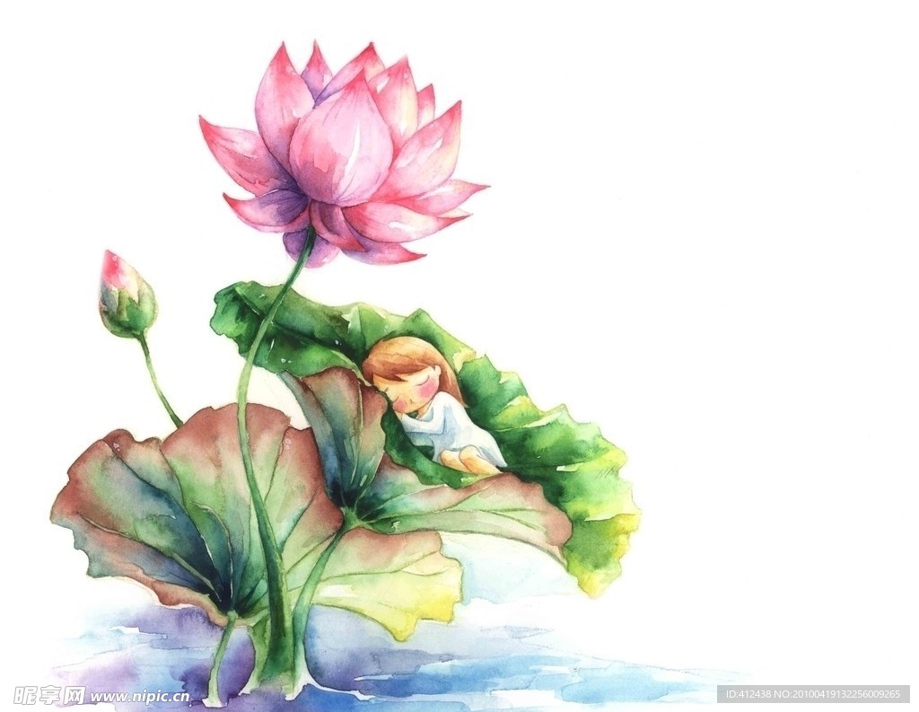 卡通小女孩 荷花 荷叶