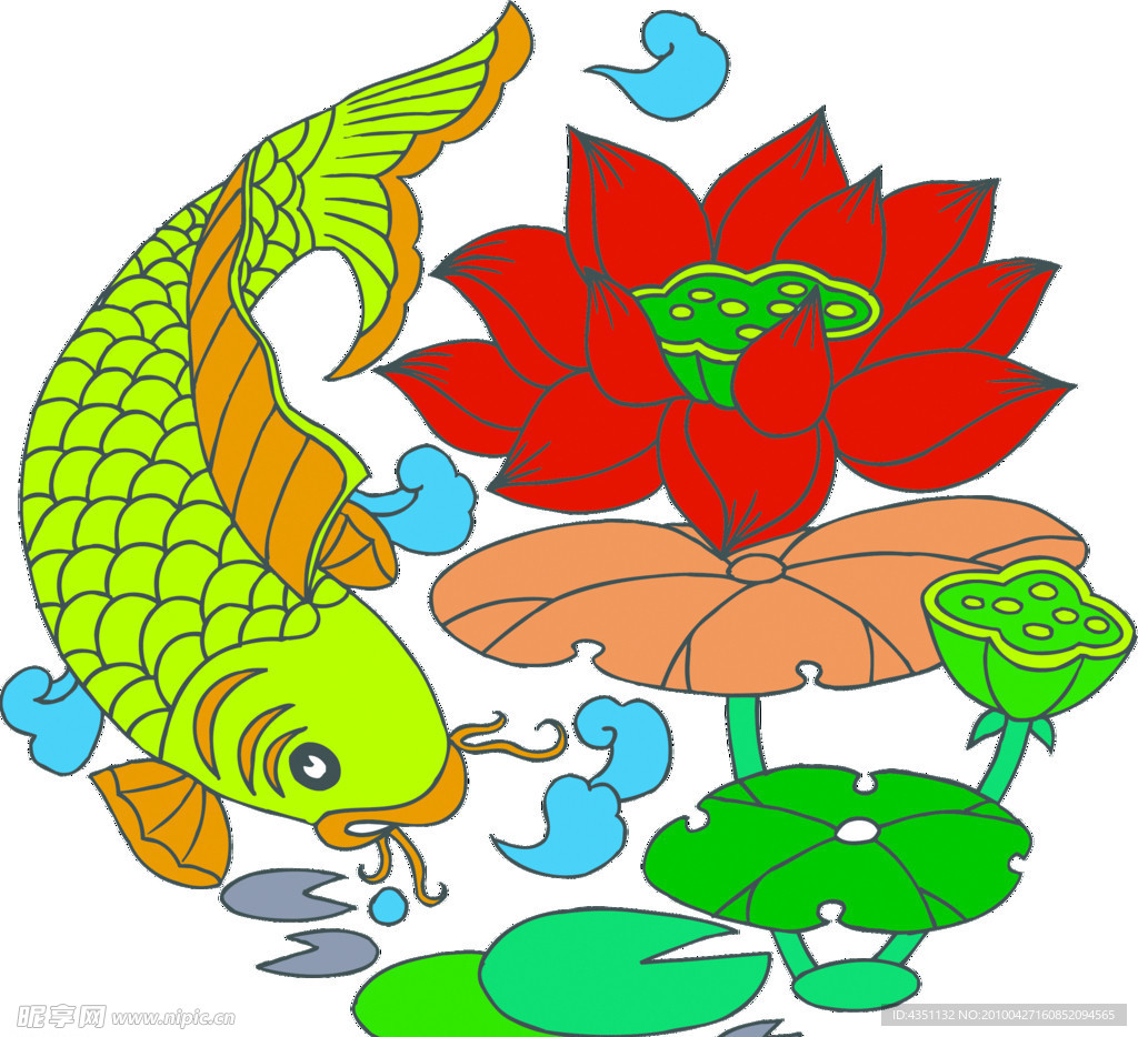 鲤鱼 莲花 荷叶 艺术插图