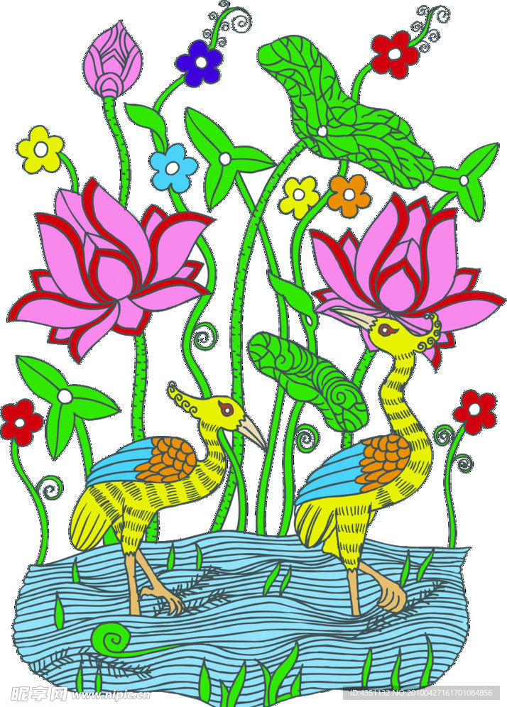双凤 荷叶 莲花 海草 海花 艺术插图