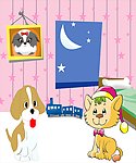 卡通移门 小狗 猫 夜空