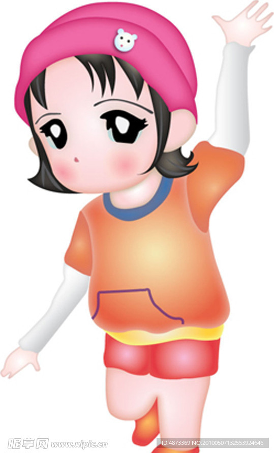 卡通招手的小女孩