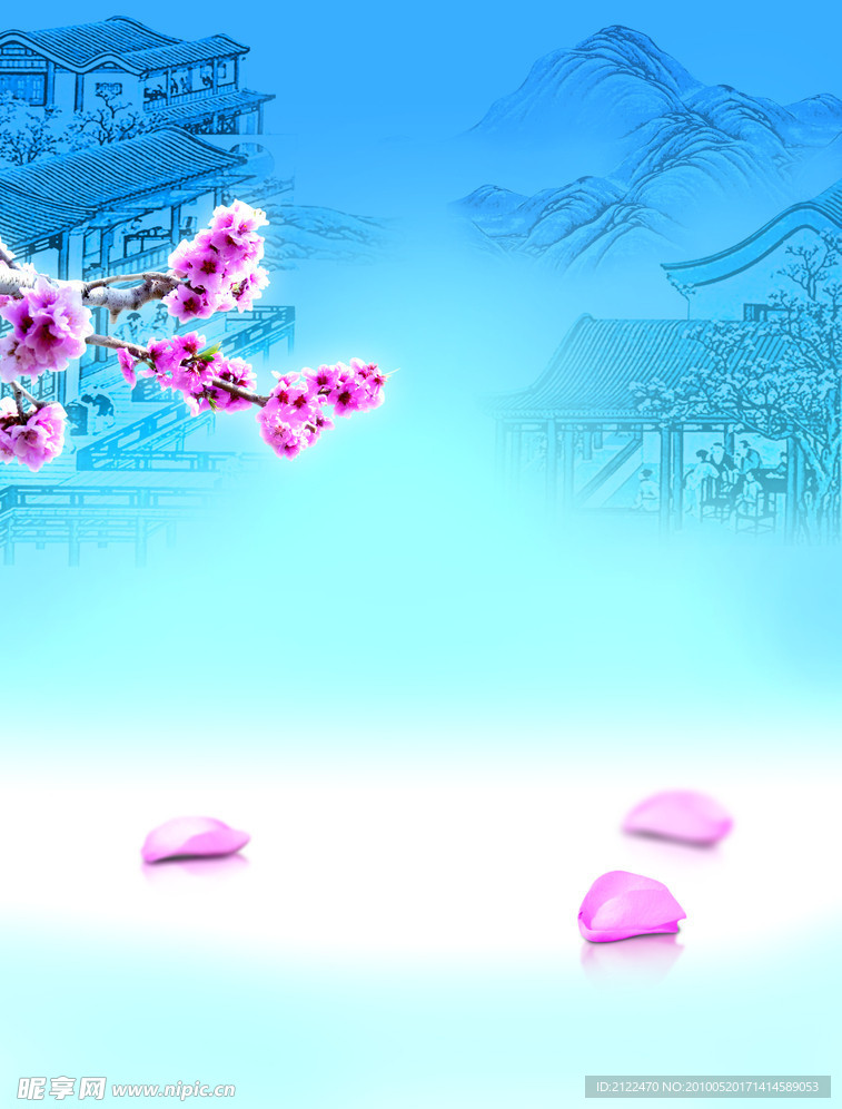 梅花国画背景 花瓣 蓝色古典背景