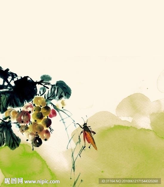 国画 葡萄 蚱蜢
