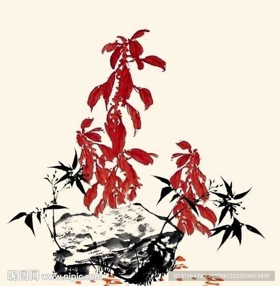 国画 红叶青竹图