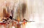 粉色山水水粉画