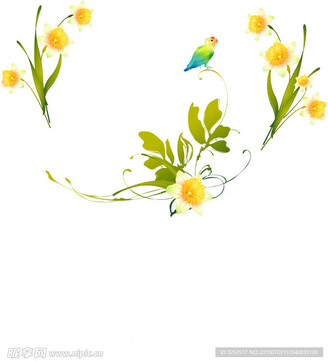 淡雅鲜花彩色小鸟矢量图