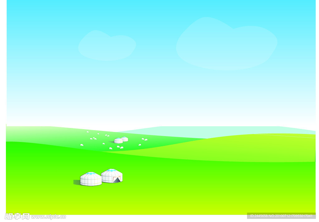 蓝天草原绿地蒙古包羊群