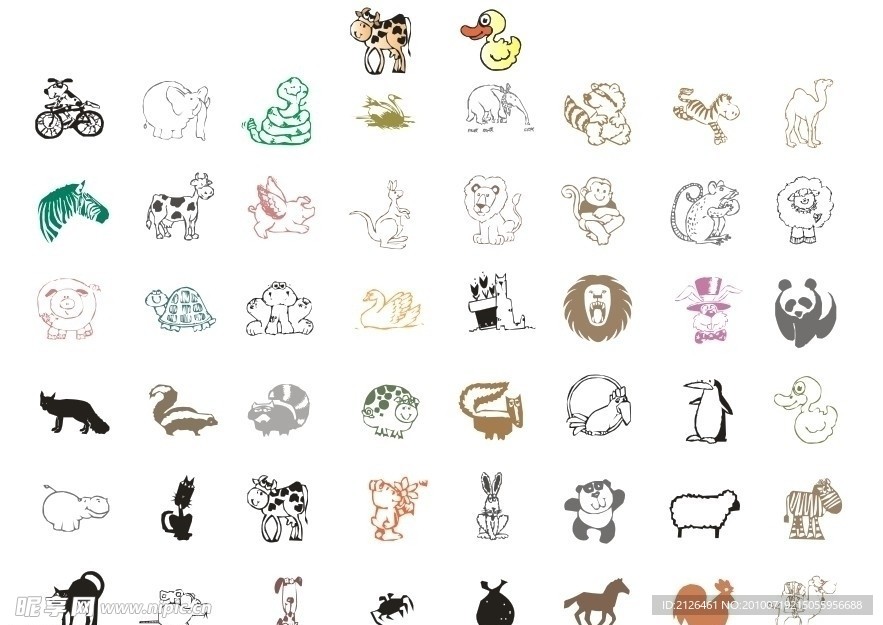 50种单色卡通动物矢量图