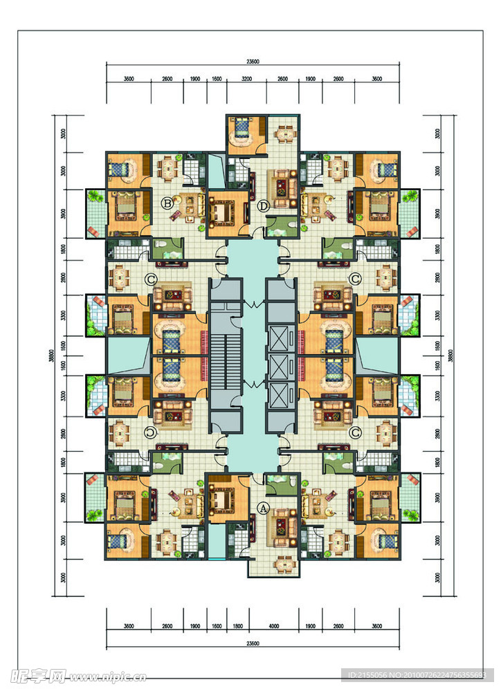 一梯八户标准层户型平面图