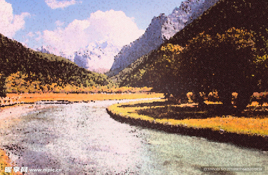 山 水 树林 风景 手绘 油画
