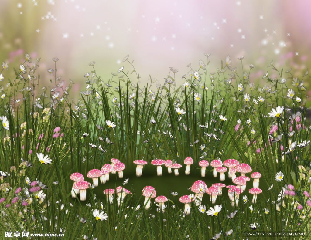 浪漫背景 蘑菇 花朵 湖水