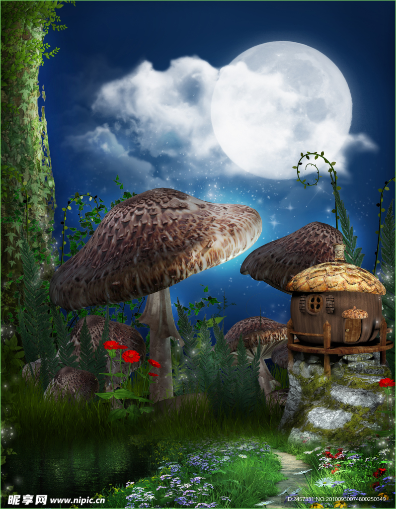 蘑菇树 小屋 童话背景