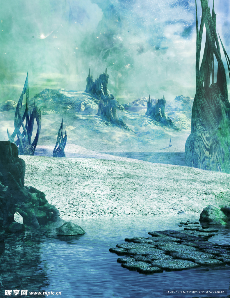 科幻世界 梦幻天空 河流 石块 畸形怪石