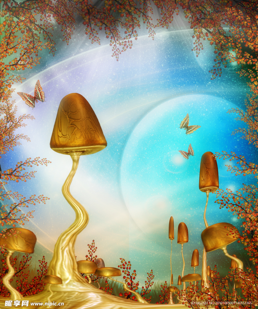 童话背景 影楼背景 蘑菇 蝴蝶 红叶
