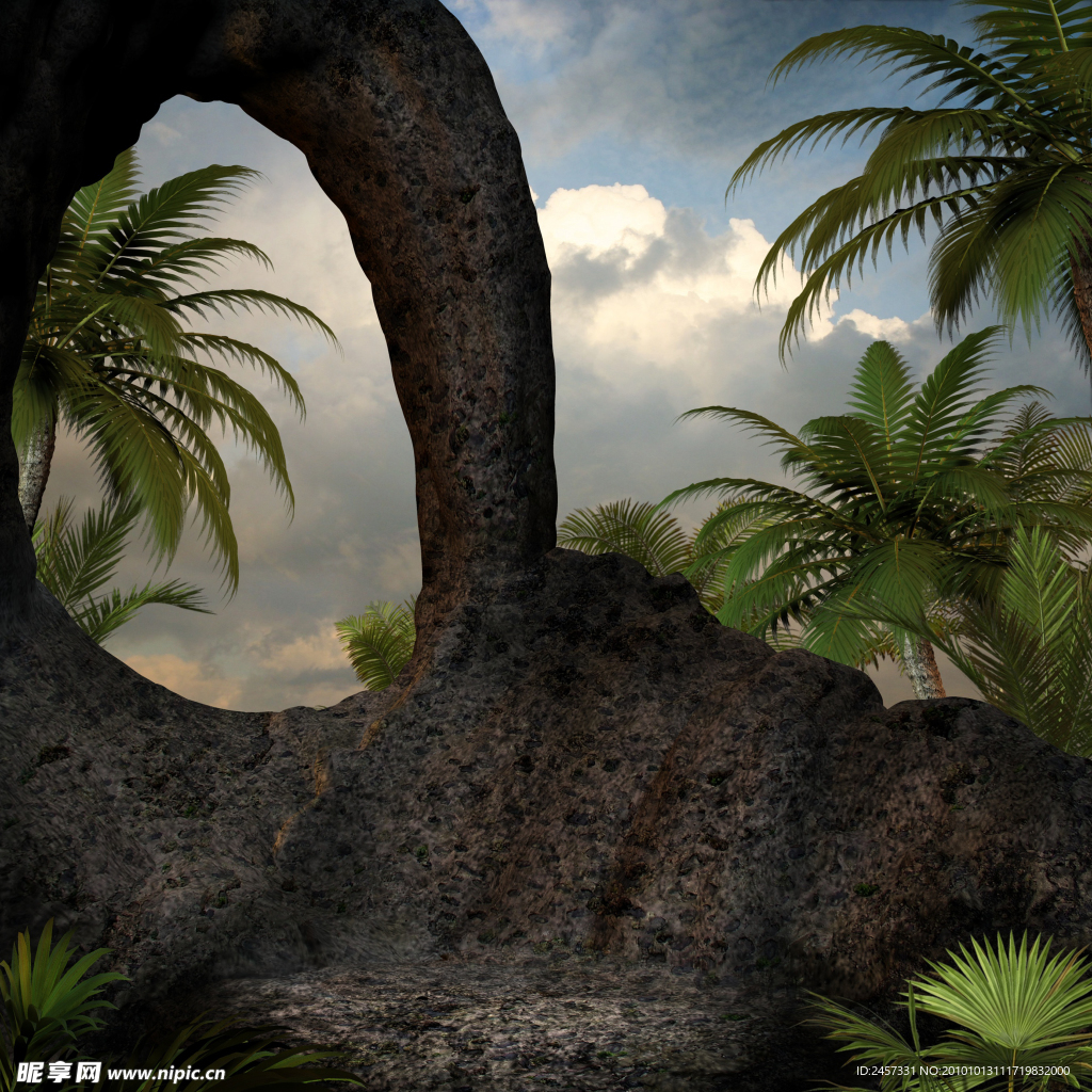 梦幻背景 绿树 畸形怪石 石门拱
