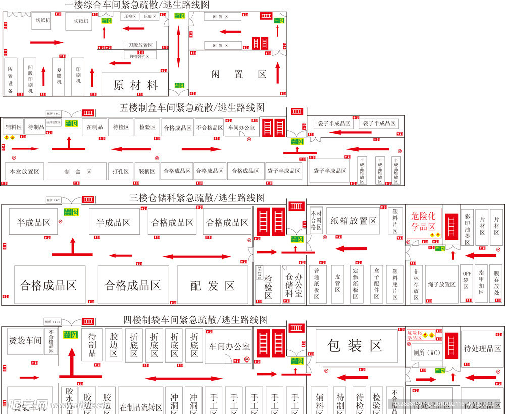 各楼层车间紧急疏散逃生路线图