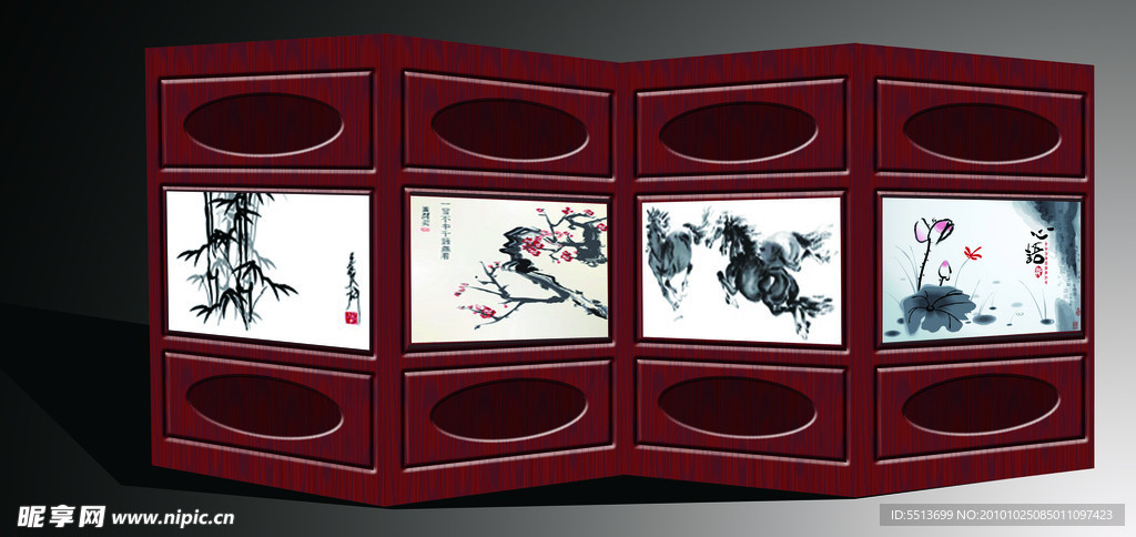 屏风 木质 古典 山水画