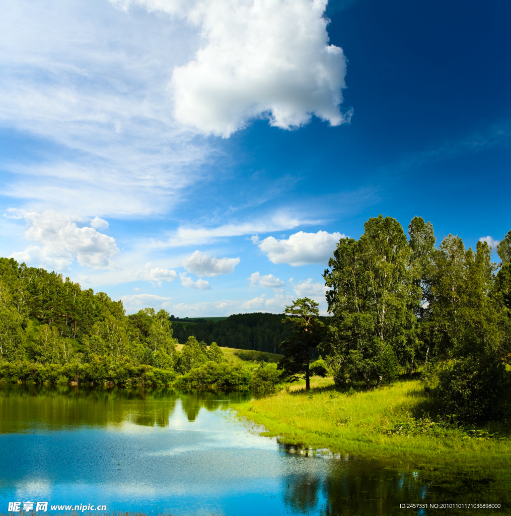 平静的湖水 树林 蓝天白云