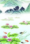 鲤鱼荷花水墨山水图