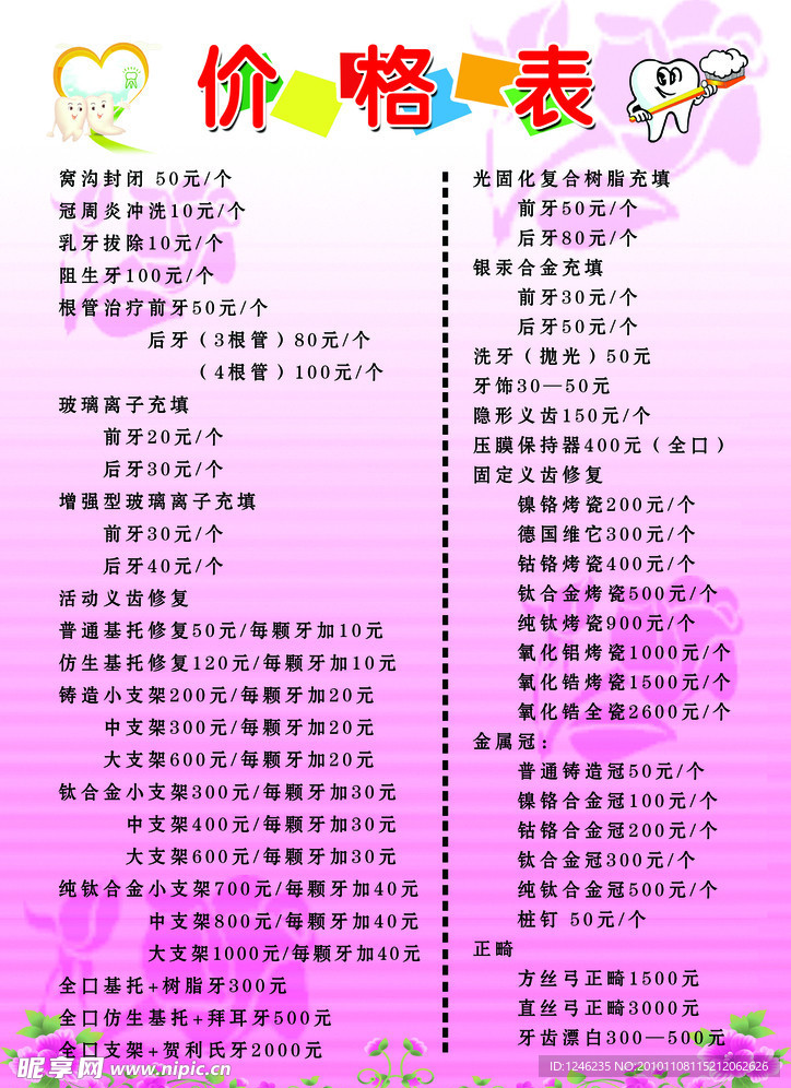价格表