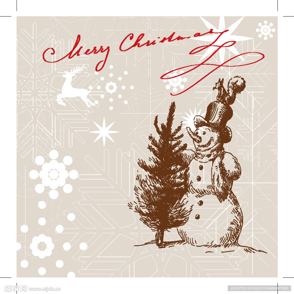 手绘古典圣诞背景 圣诞贺卡 雪人