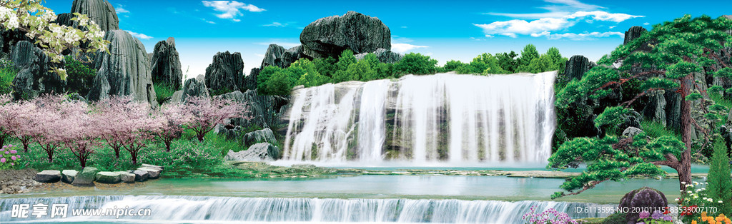 山水风景瀑布图 松树 水