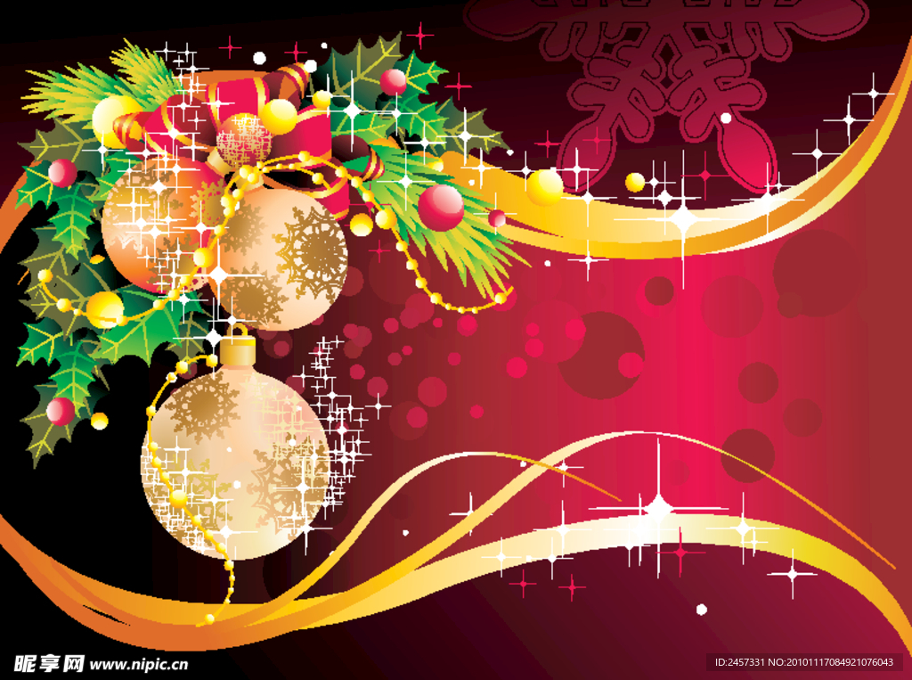 金色动感线条圣诞背景 蝴蝶结 绿叶 雪花