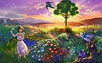 油画 黄昏的花海