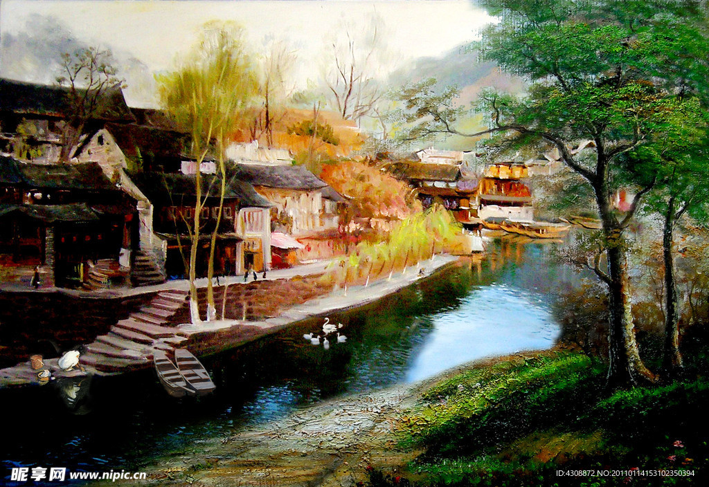 油画风景 山村水乡