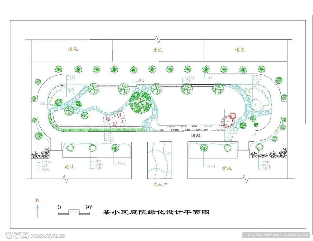 居住区局部庭园植物造景平面图