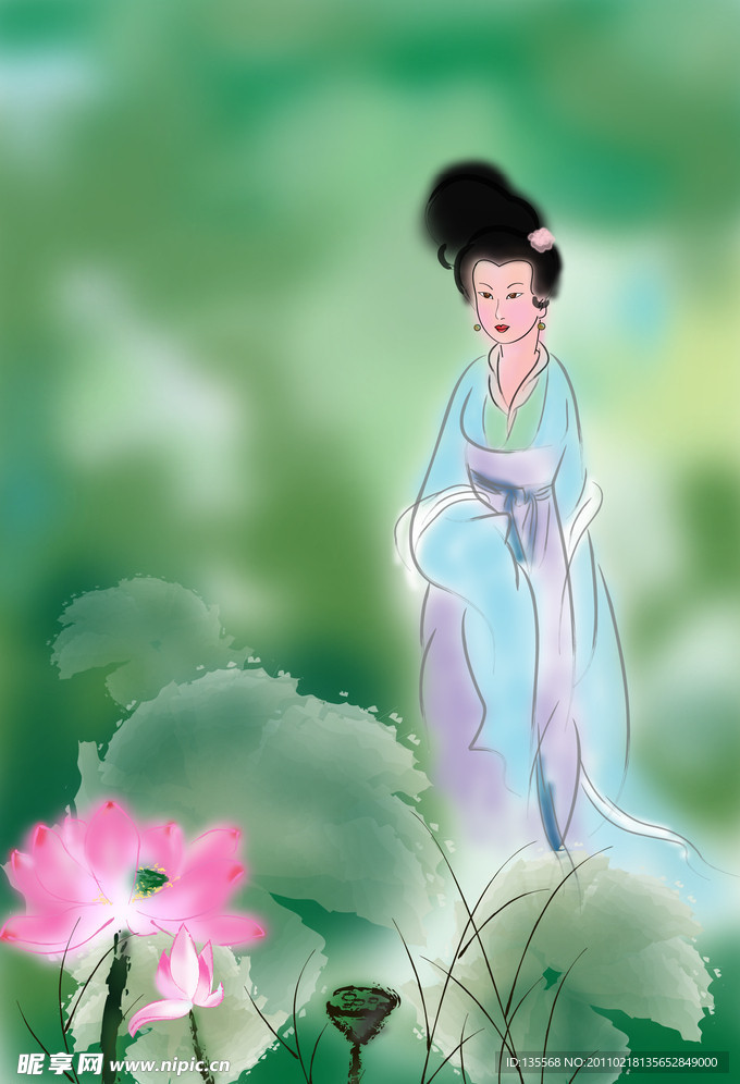 美女看荷