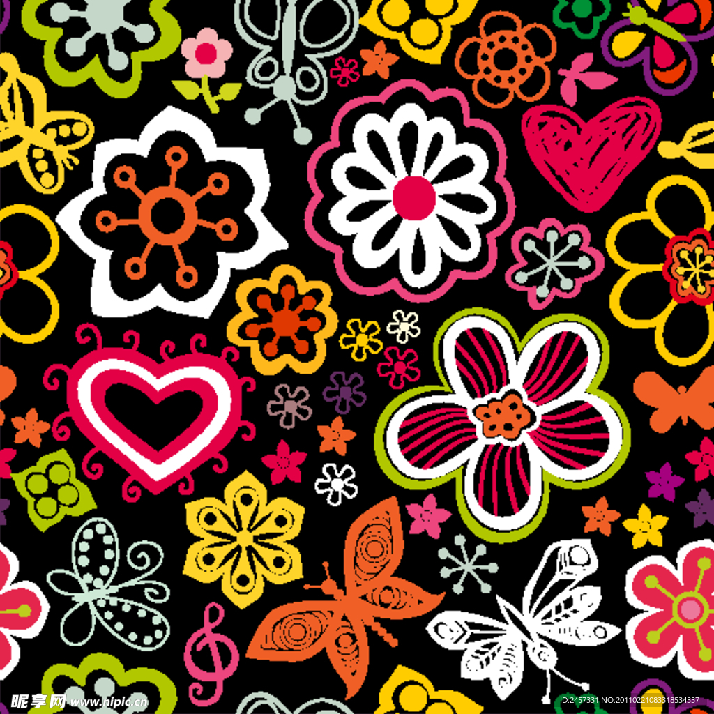 手绘线条可爱花纹花朵蝴蝶
