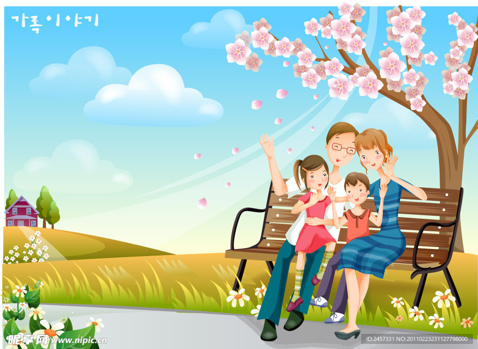 樱花盛开快乐幸福的一家人