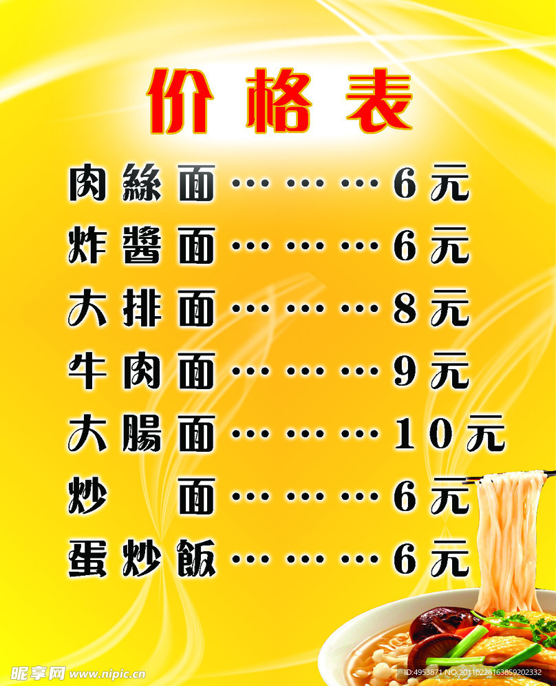 面馆价格表