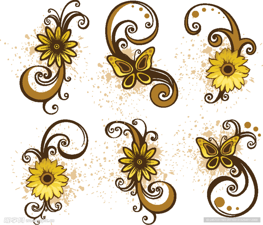 金色线条时尚梦幻花纹花朵装饰矢量