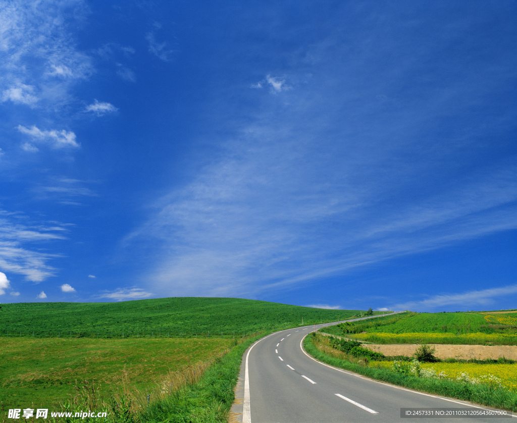 蓝天白云绿野田野公路