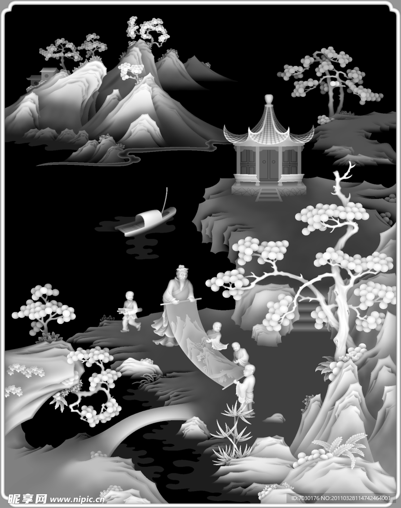古典家具书柜琴棋书画灰度图（画）