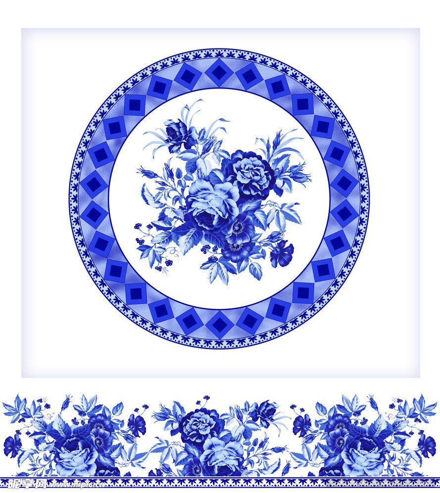 蓝彩青花古典图案
