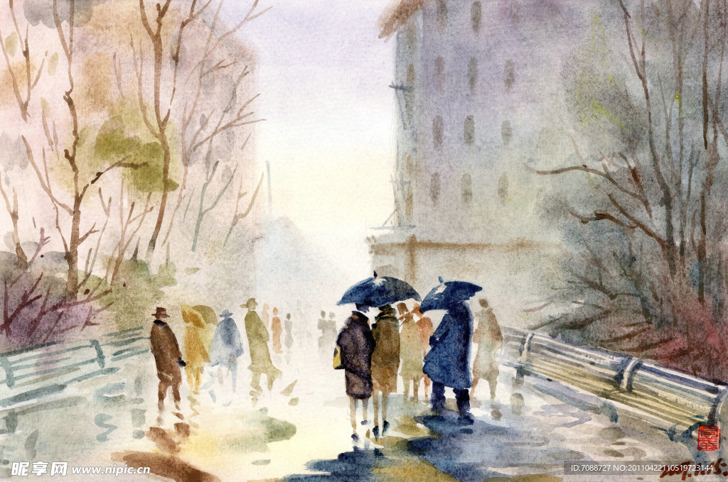 水彩画 雨天