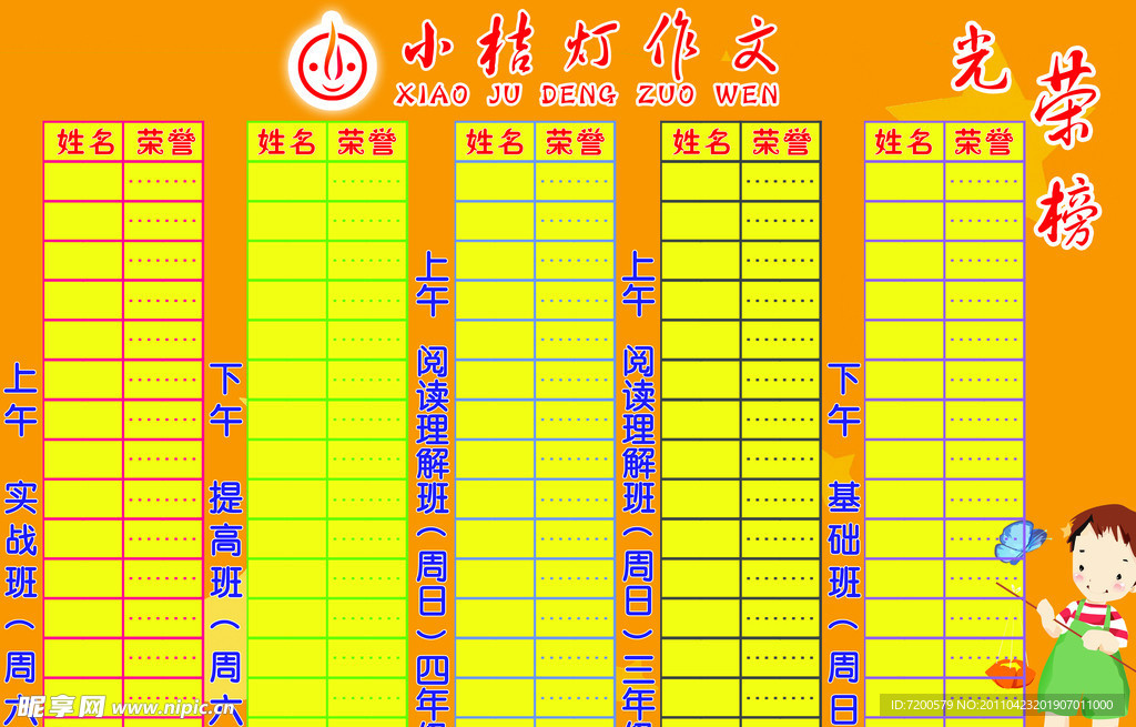 小桔灯光荣榜 展板