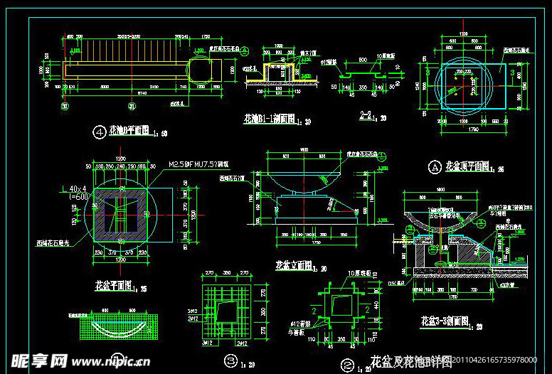 cad花盆 花池 石灯 汀步详图