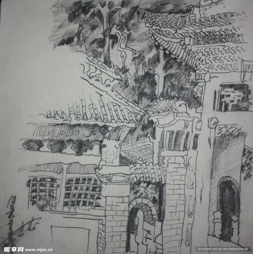大理巍山道观群速写作品