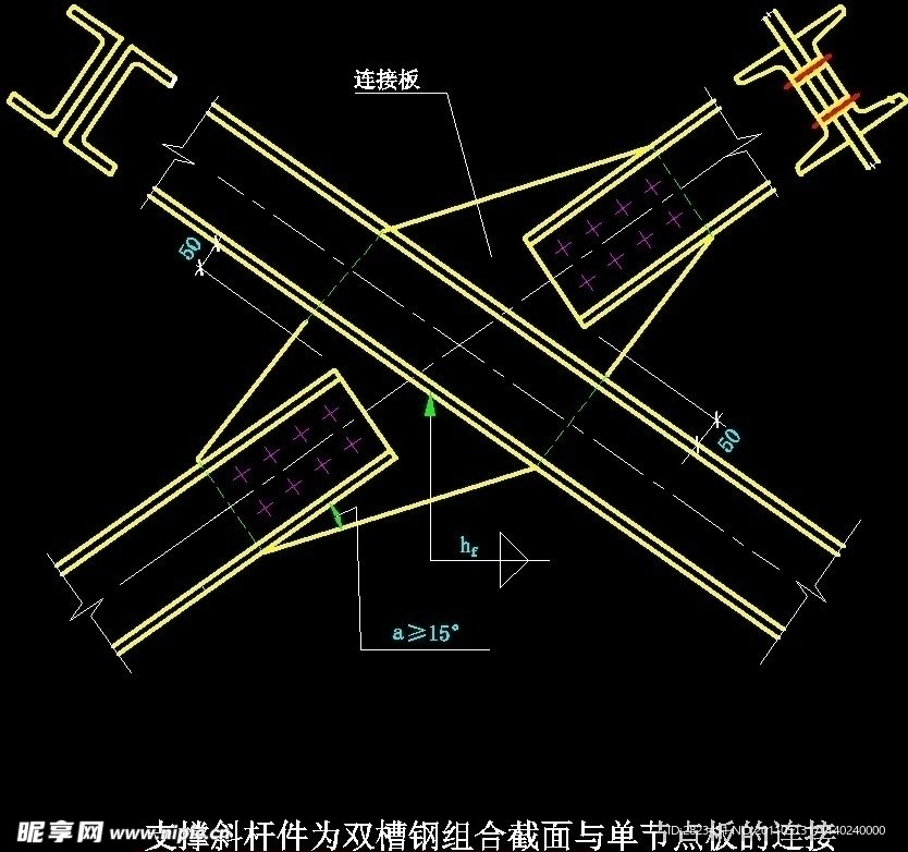 支撑斜杆件为双槽钢组合截面与单节点板的连接