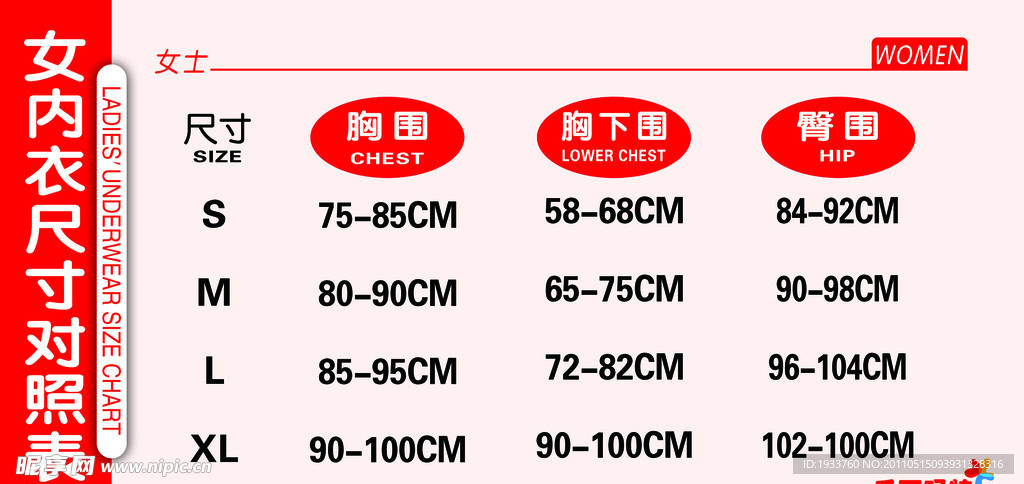 内衣尺寸对照表