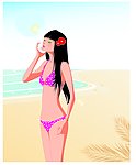 沙滩听海螺的女孩