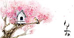 卡通水彩画樱花小屋背景