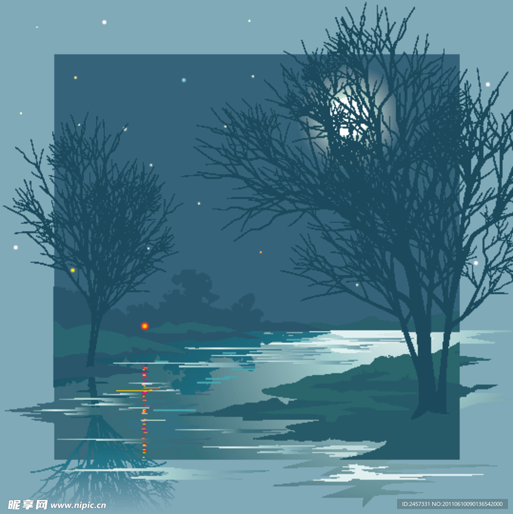 圆月河流树木夜景