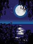 圆月河流树木夜景