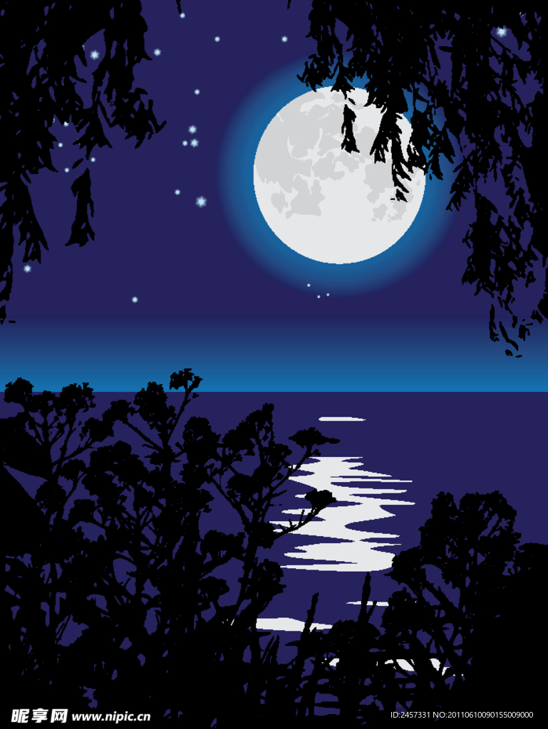 圆月河流树木夜景